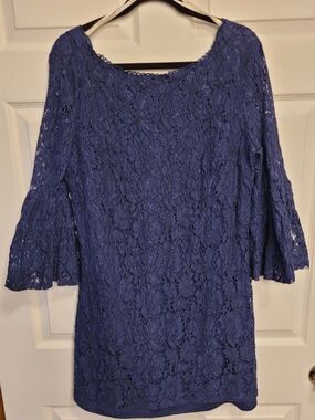 Laundry By Shelli Segal Royal Blue Lace Shift Dress with Bell Sleeves Sz 12
